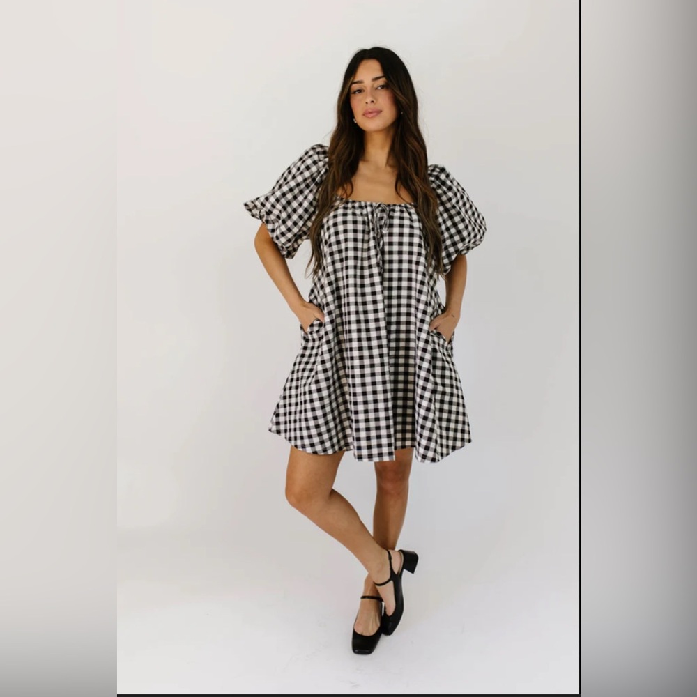 NWT Zoco “Ari” Black & Cream Gingham Puff Sleeve Mini Dress with Pockets Size S